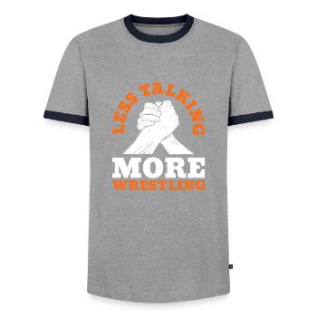 Moins de discussions, plus de lutte pour les fans de bras de fer - T-shirt contrasté Homme - gris/marine  - Devant - AI Model Female 172 light (172cm) & AI Model Male 178 light (178cm)