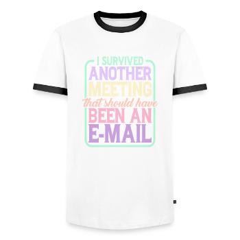 I Survived Another Meeting 24 - Men's Ringer Shirt - white/black - Front - AI Model Female 172 light (172cm) & AI Model Male 178 dark (178cm)