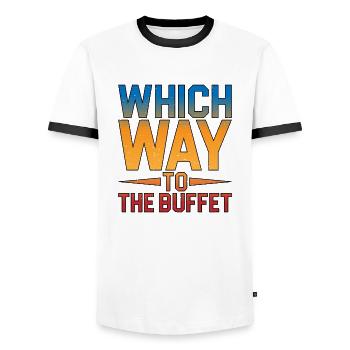 Which Way To The Buffet 12 - Männer Kontrast-T-Shirt - Weiß/Schwarz - Vorne - AI Model Female 172 light (172cm) & AI Model Male 178 dark (178cm)