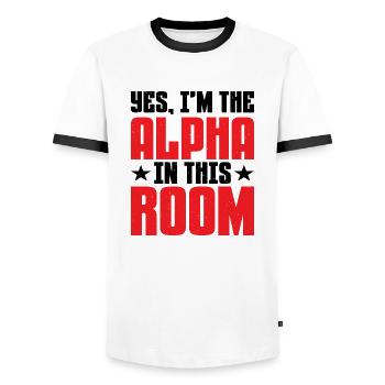 Oui, je suis l’Alpha dans cette pièce 13 - T-shirt contrasté Homme - blanc/noir - Devant - AI Model Female 172 light (172cm) & AI Model Male 178 dark (178cm)
