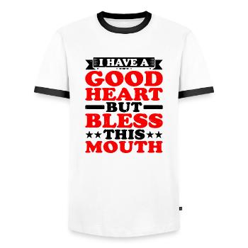 J’ai un bon cœur, mais bénis cette bouche - T-shirt contrasté Homme - blanc/noir - Devant - AI Model Female 172 light (172cm) & AI Model Male 178 dark (178cm)