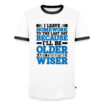 Je laisse les devoirs au dernier jour - T-shirt contrasté Homme - blanc/noir - Devant - AI Model Female 172 light (172cm) & AI Model Male 178 dark (178cm)