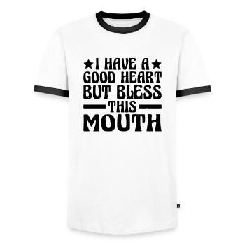 J’ai un bon cœur mais bénis cette bouche 3 - T-shirt contrasté Homme - blanc/noir - Devant - AI Model Female 172 light (172cm) & AI Model Male 178 dark (178cm)