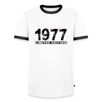 Limited Edition 1977 - Men's Ringer Shirt - white/black - Front - AI Model Female 172 light (172cm) & AI Model Male 178 dark (178cm)
