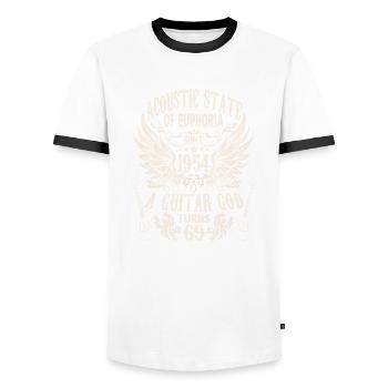 Guitarists Birthday Saying Born 1954 69 - Men's Ringer Shirt - white/black - Front - AI Model Female 172 light (172cm) & AI Model Male 178 dark (178cm)