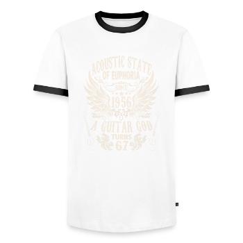 Hobby musician guitarist birthday 1956 - Men's Ringer Shirt - white/black - Front - AI Model Female 172 light (172cm) & AI Model Male 178 dark (178cm)