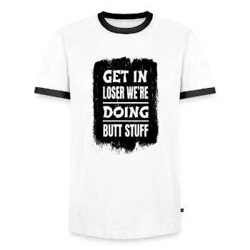 female heart alien pun rainbow spaceship lgbtq - Men's Ringer Shirt - white/black - Front - AI Model Female 172 light (172cm) & AI Model Male 178 dark (178cm)
