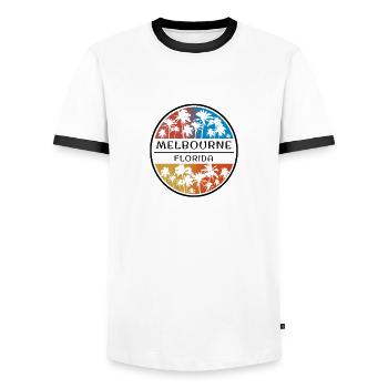 Melbourne Florida Palm Tree Stylish Vacation - Men's Ringer Shirt - white/black - Front - AI Model Female 172 light (172cm) & AI Model Male 178 dark (178cm)