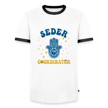Famille juive Coordinatrice du Seder de Pessah - T-shirt contrasté Homme - blanc/noir - Devant - AI Model Female 172 light (172cm) & AI Model Male 178 dark (178cm)