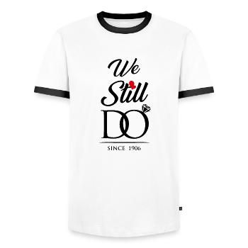 We Still Do Since 1906 Wedding Anniversary - Men's Ringer Shirt - white/black - Front - AI Model Female 172 light (172cm) & AI Model Male 178 dark (178cm)