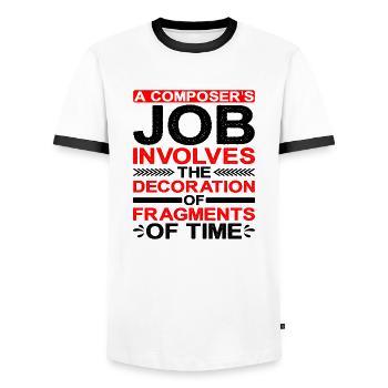 Le travail d’un compositeur est la décoration de fragments 1 - T-shirt contrasté Homme - blanc/noir - Devant - AI Model Female 172 light (172cm) & AI Model Male 178 dark (178cm)