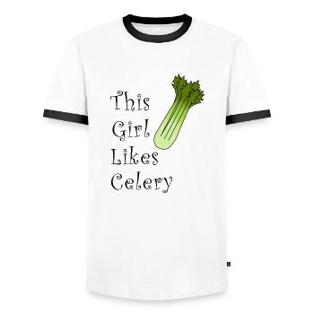 Une fille aime le céleri et les poireaux - T-shirt contrasté Homme - blanc/noir - Devant - AI Model Female 172 light (172cm) & AI Model Male 178 dark (178cm)