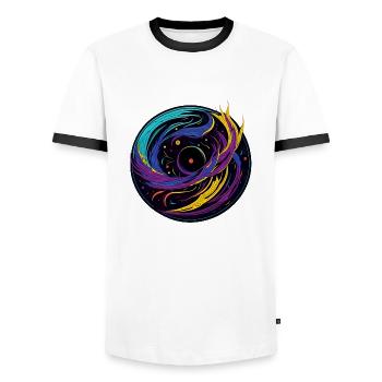 Galactic Vinyl Record - Men's Ringer Shirt - white/black - Front - AI Model Female 172 light (172cm) & AI Model Male 178 dark (178cm)
