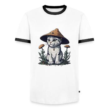 Pilz-Katze - Männer Kontrast-T-Shirt - Weiß/Schwarz - Vorne - AI Model Female 172 light (172cm) & AI Model Male 178 dark (178cm)