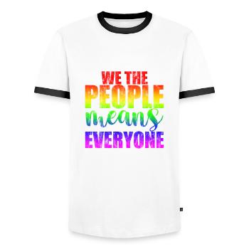 We The People Means Everyone 3 - Men's Ringer Shirt - white/black - Front - AI Model Female 172 light (172cm) & AI Model Male 178 dark (178cm)