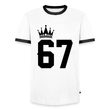 67 - Men's Ringer Shirt - white/black - Front - AI Model Female 172 light (172cm) & AI Model Male 178 dark (178cm)