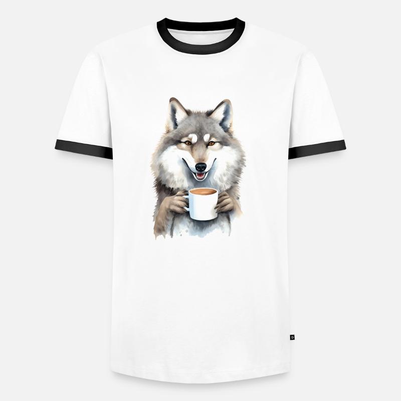 Wolf mit Kaffee -Aquarellstil - Männer Kontrast-T-Shirt - Weiß/Schwarz
