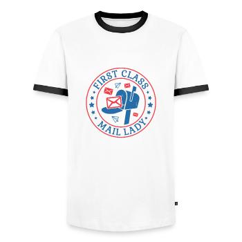 Postman Postman Postman Postman - Men's Ringer Shirt - white/black - Front - AI Model Female 172 light (172cm) & AI Model Male 178 dark (178cm)