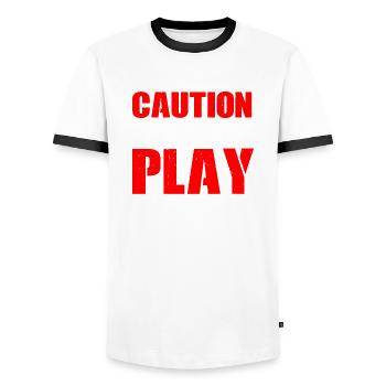 Caution Does Not Play Well With Others 63 - Men's Ringer Shirt - white/black - Front - AI Model Female 172 light (172cm) & AI Model Male 178 dark (178cm)