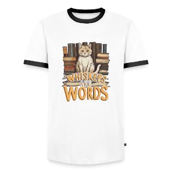 Whiskers and Words': Where curiosity about cosiness - Men's Ringer Shirt - white/black - Front - AI Model Female 172 light (172cm) & AI Model Male 178 dark (178cm)