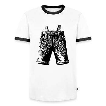 Lederhose | Traditional Bavarian Lederhosen - Männer Kontrast-T-Shirt - Weiß/Schwarz - Vorne - AI Model Female 172 light (172cm) & AI Model Male 178 dark (178cm)