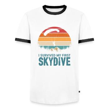 I Survived My First Skydive Skydiver Parachute - Men's Ringer Shirt - white/black - Front - AI Model Female 172 light (172cm) & AI Model Male 178 dark (178cm)