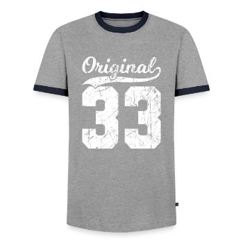 33 Original 91 Jahren Mann Frau Geburtstag - Männer Kontrast-T-Shirt - Grau/Navy  - Vorne - AI Model Female 172 light (172cm) & AI Model Male 178 light (178cm)