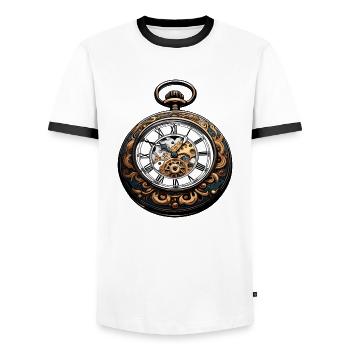 Clock / Movement / Time / Hands / Time / Antique - Men's Ringer Shirt - white/black - Front - AI Model Female 172 light (172cm) & AI Model Male 178 dark (178cm)