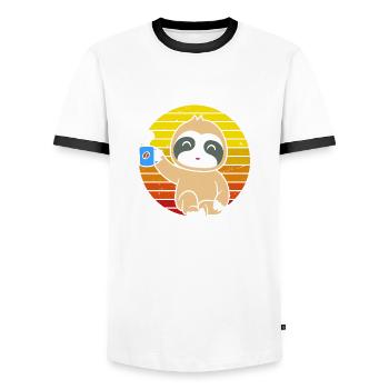 I'm a sloth in front of coffee at retro - Men's Ringer Shirt - white/black - Front - AI Model Female 172 light (172cm) & AI Model Male 178 dark (178cm)