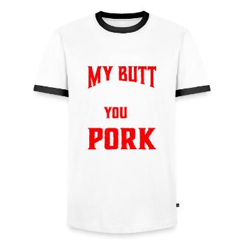 If You Rub My Butt, You Can Pull My Pork 6 - Men's Ringer Shirt - white/black - Front - AI Model Female 172 light (172cm) & AI Model Male 178 dark (178cm)