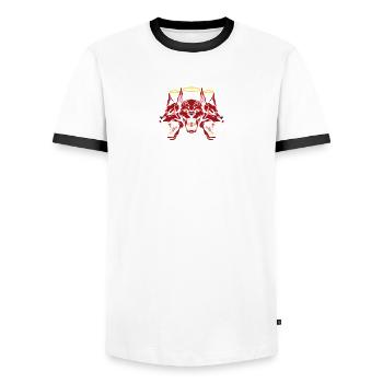 Three-Headed Devil Hound T-Shirt - Men's Ringer Shirt - white/black - Front - AI Model Female 172 light (172cm) & AI Model Male 178 dark (178cm)