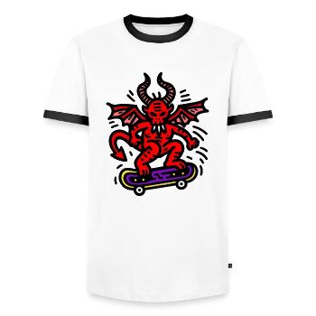Devil Skateboard - Men's Ringer Shirt - white/black - Front - AI Model Female 172 light (172cm) & AI Model Male 178 dark (178cm)
