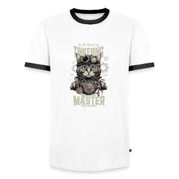 Dans le monde de l’artisanat de mon chat - T-shirt contrasté Homme - blanc/noir - Devant - AI Model Female 172 light (172cm) & AI Model Male 178 dark (178cm)