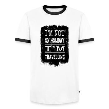 present attitude family holiday far away countries - Männer Kontrast-T-Shirt - Weiß/Schwarz - Vorne - AI Model Female 172 light (172cm) & AI Model Male 178 dark (178cm)