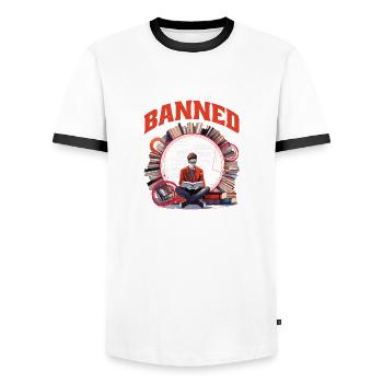 I Read Banned Books 82 - Men's Ringer Shirt - white/black - Front - AI Model Female 172 light (172cm) & AI Model Male 178 dark (178cm)