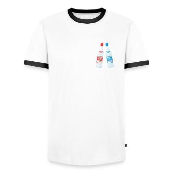OK But First Vodka T-Shirt Funny Drinking Cool - Men's Ringer Shirt - white/black - Front - AI Model Female 172 light (172cm) & AI Model Male 178 dark (178cm)