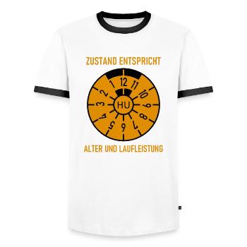 HU - Zustand entspricht Alter und Laufleistung - Männer Kontrast-T-Shirt - Weiß/Schwarz - Vorne - AI Model Female 172 light (172cm) & AI Model Male 178 dark (178cm)