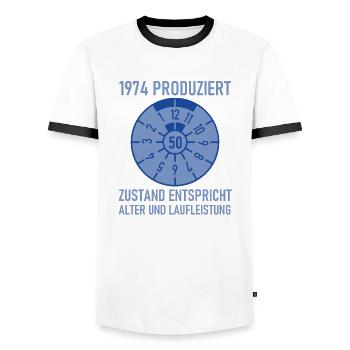 HU Zustand entspricht Alter und Laufleistung Auto - Männer Kontrast-T-Shirt - Weiß/Schwarz - Vorne - AI Model Female 172 light (172cm) & AI Model Male 178 dark (178cm)