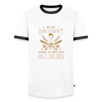 Wood and Beer Whimsy Chainsaw Woodsman - Men's Ringer Shirt - white/black - Front - AI Model Female 172 light (172cm) & AI Model Male 178 dark (178cm)