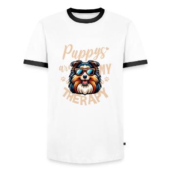 Shetland Sheepdog Sheltie with Sunglasses - Men's Ringer Shirt - white/black - Front - AI Model Female 172 light (172cm) & AI Model Male 178 dark (178cm)