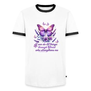 All through Christ Phil 4:13 Butterfly - Men's Ringer Shirt - white/black - Front - AI Model Female 172 light (172cm) & AI Model Male 178 dark (178cm)