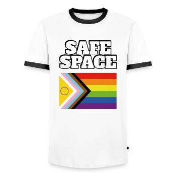 LGBTQ safe space inclusive pride flag - Men's Ringer Shirt - white/black - Front - AI Model Female 172 light (172cm) & AI Model Male 178 dark (178cm)