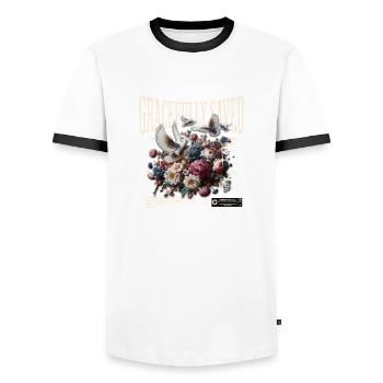 Gracefully Saved Grace Faith Pray Flowers Dove - Men's Ringer Shirt - white/black - Front - AI Model Female 172 light (172cm) & AI Model Male 178 dark (178cm)