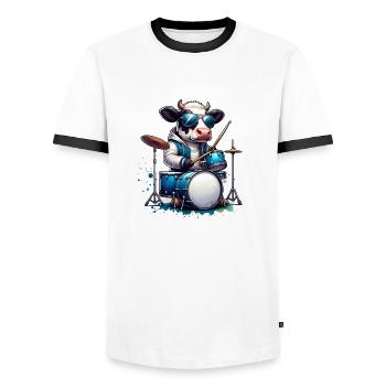 Drôle de vache jouant de la batterie dans un groupe - T-shirt contrasté Homme - blanc/noir - Devant - AI Model Female 172 light (172cm) & AI Model Male 178 dark (178cm)