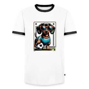 Dackel Fußballspieler Wiener Hund Fan - Männer Kontrast-T-Shirt - Weiß/Schwarz - Vorne - AI Model Female 172 light (172cm) & AI Model Male 178 dark (178cm)