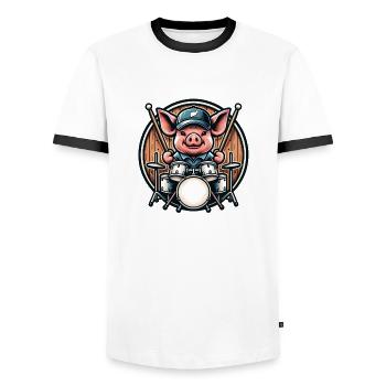Schwein Drummer Band Percussion Musik Cool - Männer Kontrast-T-Shirt - Weiß/Schwarz - Vorne - AI Model Female 172 light (172cm) & AI Model Male 178 dark (178cm)