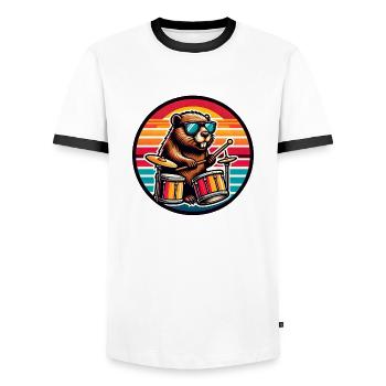Retro Beaver Drummer with Drumsticks Rock Band - Men's Ringer Shirt - white/black - Front - AI Model Female 172 light (172cm) & AI Model Male 178 dark (178cm)