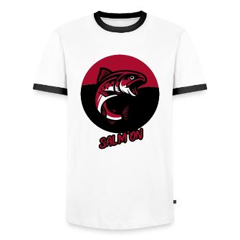 Salmon: Salm'On - Männer Kontrast-T-Shirt - Weiß/Schwarz - Vorne - AI Model Female 172 light (172cm) & AI Model Male 178 dark (178cm)