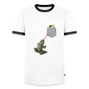 Froschzunge, die nach Kaulquappe in Ihrer Tasche greift - Männer Kontrast-T-Shirt - Weiß/Schwarz - Vorne - AI Model Female 172 light (172cm) & AI Model Male 178 dark (178cm)