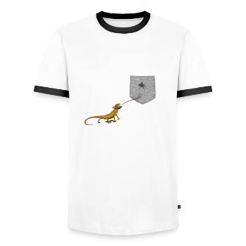 Lizard Tongue Reaching For Fly In Fake Pocket Fun - Men's Ringer Shirt - white/black - Front - AI Model Female 172 light (172cm) & AI Model Male 178 dark (178cm)